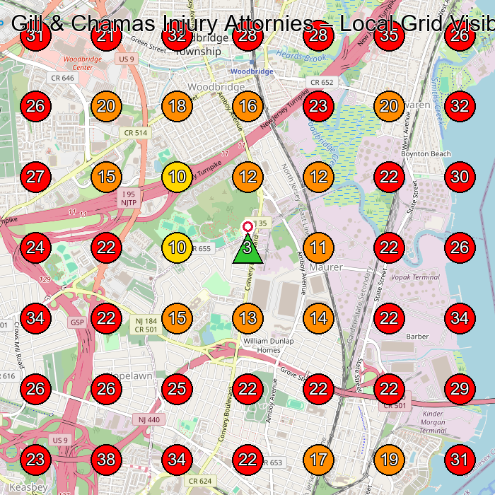Gill & Chamas Injury Attornies GeoGrid visibility map for Personal Injury Attorney in East Brunswick